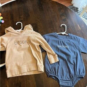 Custom “Brooks” Kids Blue Bubble Romper and tan hoodie Set